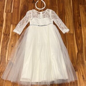 Elegant White Lace Kids Dress w/ headband -size 7